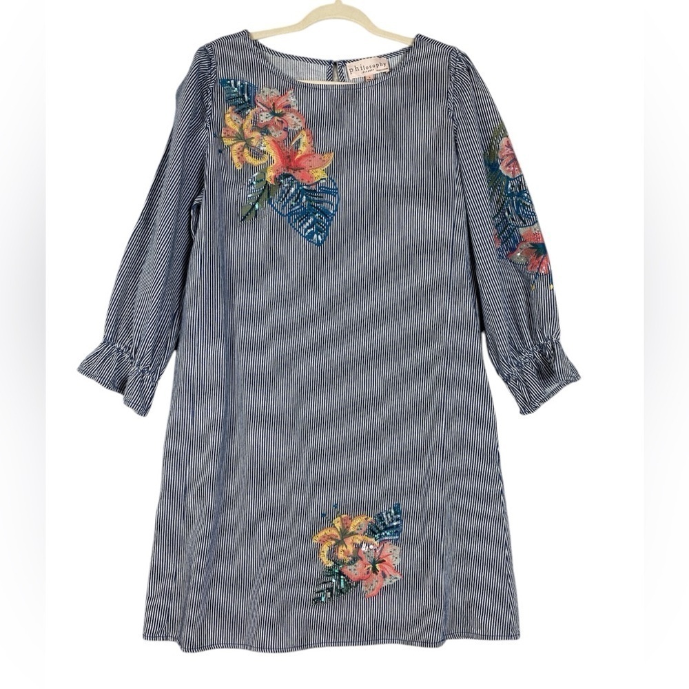 Philosophy Floral Embroidered Striped Denim Shift Dress Midi boho cotton L